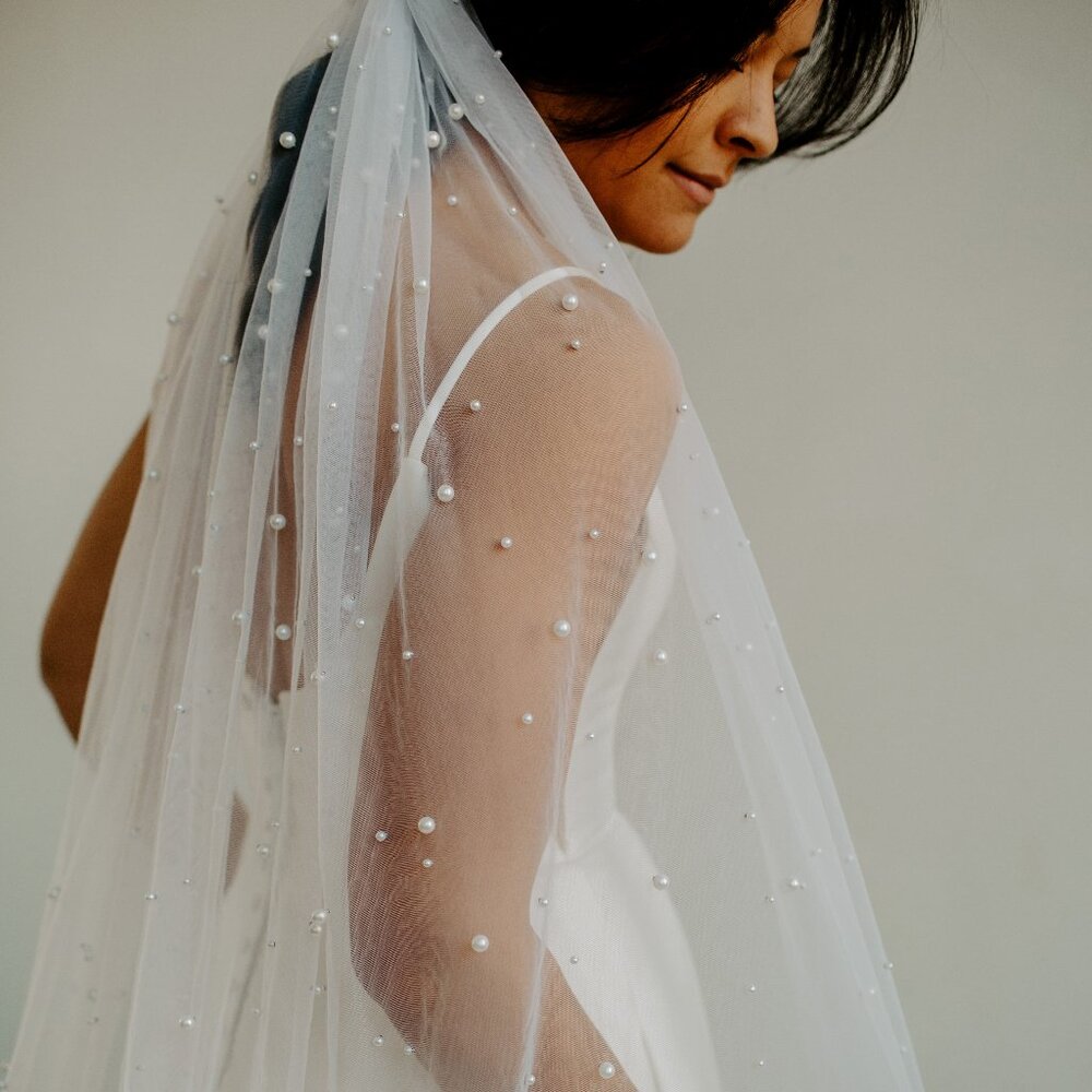 Soft Beaded Pearl Cathedral Veil, Raw Edge, Bridal Wedding Veil, 62" Wide
